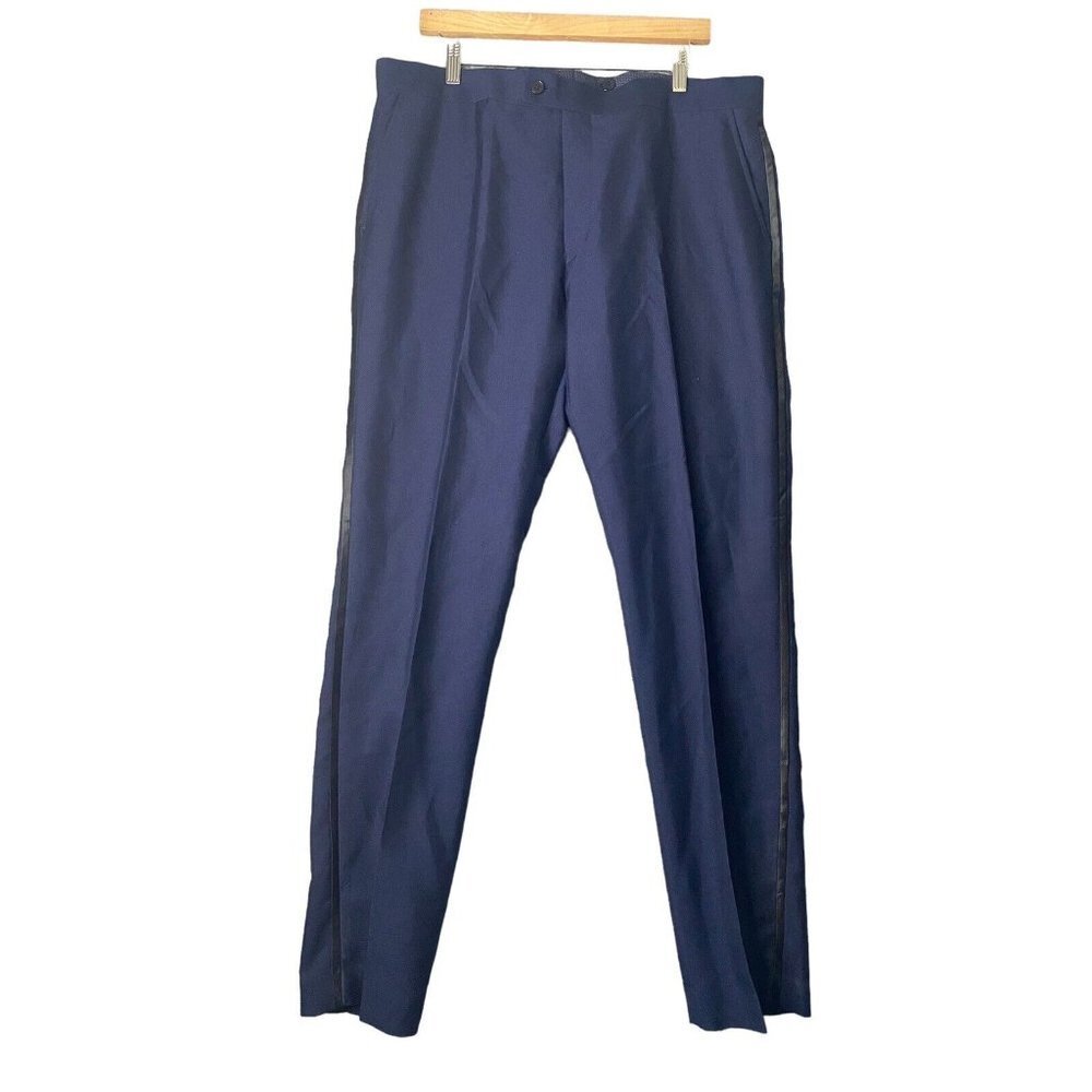 The Savile Row Mens Haig Dress Pants Navy Business Flex‎ Waistband Size 38x34